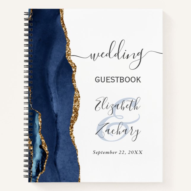 Carnet Agate Geode Script Marine Blue Gold Mariage invité (Devant)