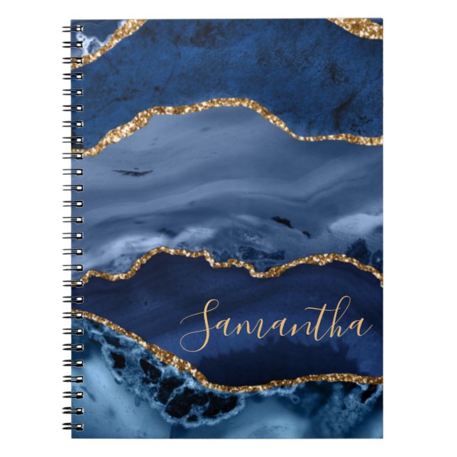 Carnet Agate Marbre Bleu Marine et Paillettes de Faux Or (Devant)