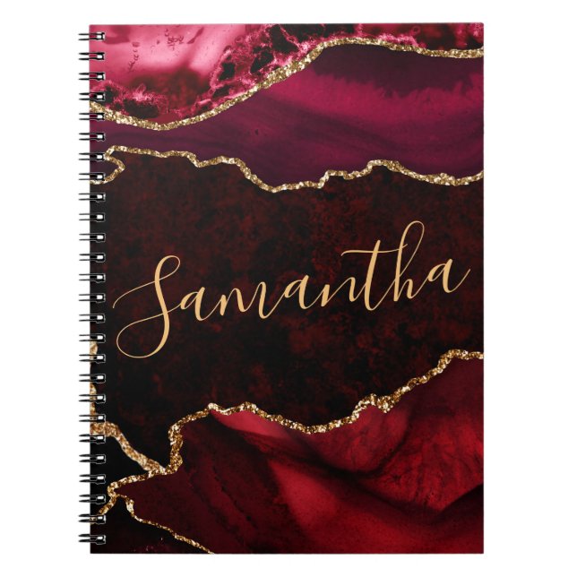 Carnet Agate Marbre Rouge et Paillettes d'Or Faux (Devant)