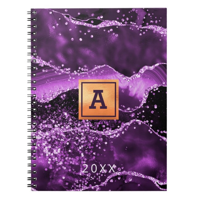 Carnet Agate violette paillettes marbre rose nom or (Devant)