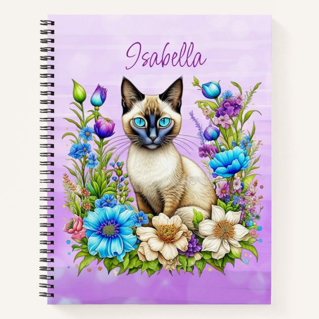 Carnet Ai Aquarelle Siamese Chat en Fleurs Personnalisé (Devant)