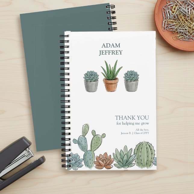 Carnet Aide à ma croissance Professeur de peinture aquare (Personalized notebook with succulents and "thank you for helping me grow" message by Darling & May)