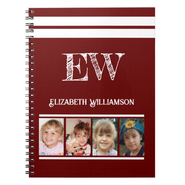 Carnet Ajouter initiales nom 4 photos bordeaux blanc (Devant)