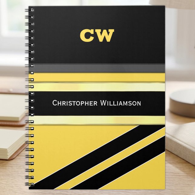 Carnet Ajouter le nom et les initiales jaune noir bureau (Créateur téléchargé)