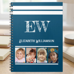 Carnet Ajouter nom initiales 4 photos bleu blanc