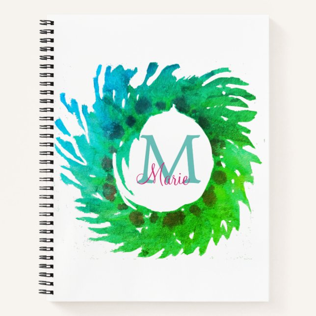 Carnet Ajouter une couronne de Noël vert rose monogramme (Devant)