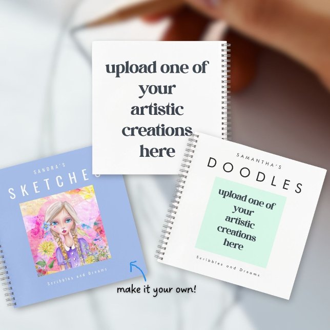 Carnet Ajouter Vos Dessins Oeuvre Nom Doodé Croquis Blanc (Front and back view and example of one with my own artwork)