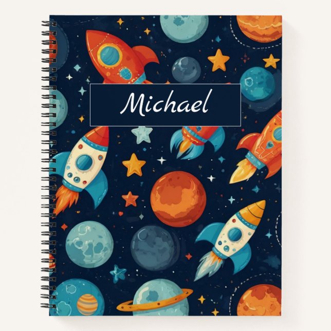Carnet Ajoutez Votre Nom Fusée Espace et Planètes Enfant (Devant)