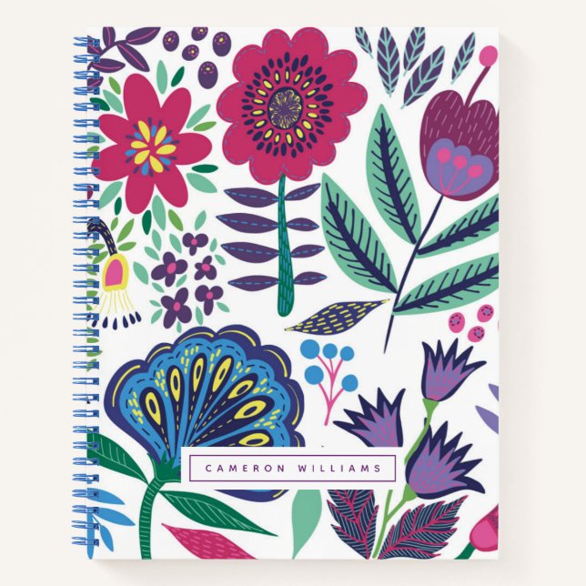 Carnet Ajoutez votre nom | Magenta Folk Art motif floral (Devant)