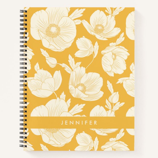Carnet Ajoutez votre nom | Motif à fleurs dorées (Devant)