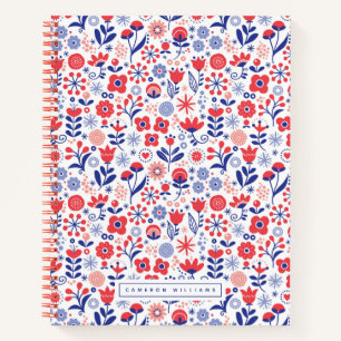 Carnet Ajoutez votre nom   Motif floral bleu et corail