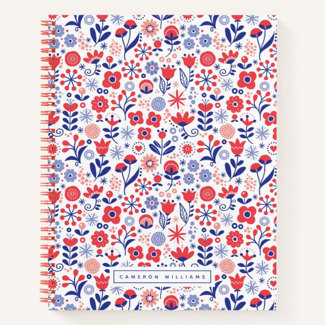 Carnet Ajoutez votre nom | Motif floral bleu et corail (Devant)