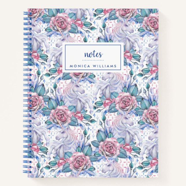 Carnet Ajoutez votre nom | Motif Rose rose et bleu (Devant)