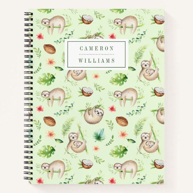 Carnet Ajoutez votre nom | Tropical Coconut Sloth Motif (Devant)