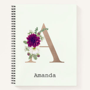 Carnet alphabet floral monogrammé nom personnel lettre A
