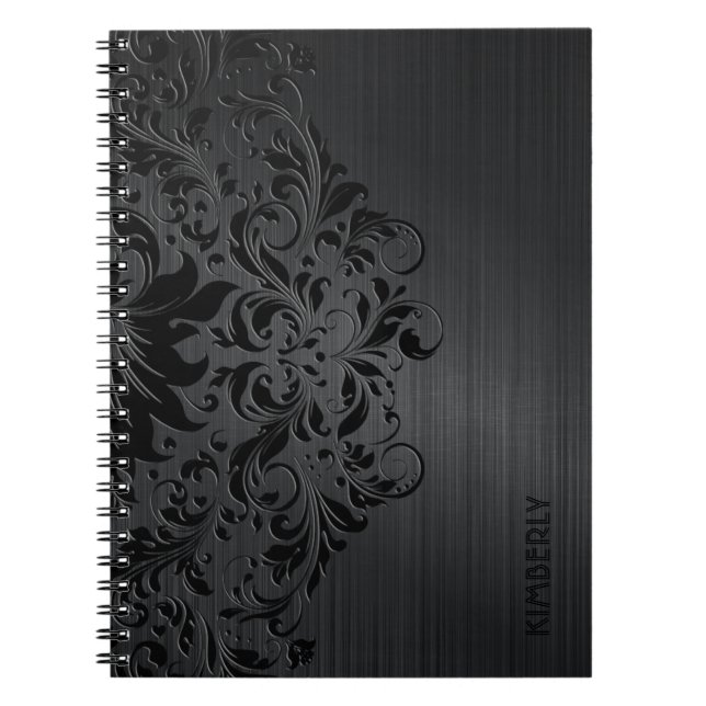 Carnet Aluminium brossé en métal noir et dentelle florale (Devant)