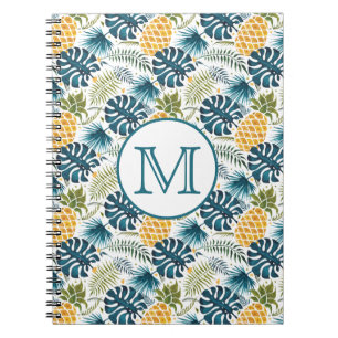 Carnet Ananas bleu paume feuille feuillage blanc monogram