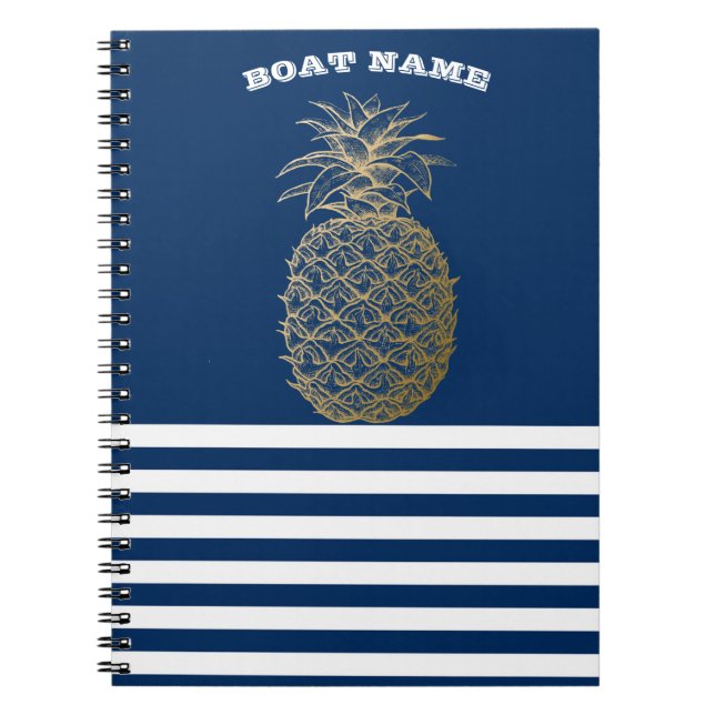 Carnet Ananas doré nautique rayé bleu marine (Devant)