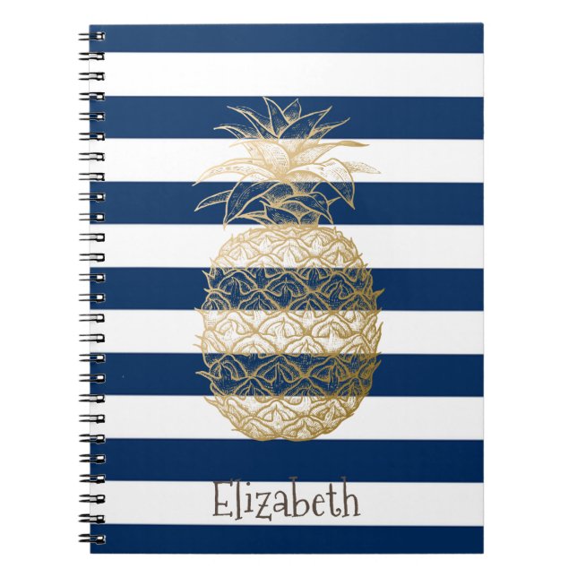 Carnet Ananas doré rayures bleu marine (Devant)