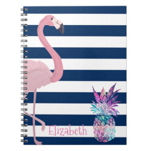 Carnet Ananas, Flamant Rose Rayures Bleu Marine-Personnal