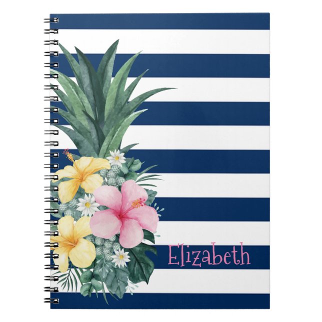Carnet Ananas Fleurs Tropicales Rayures Bleu Marine (Devant)