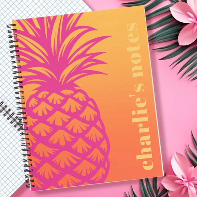 Carnet Ananas rose chaud dégradé jaune orange orange (Hot pink pineapple orange yellow gradient retro notebook)