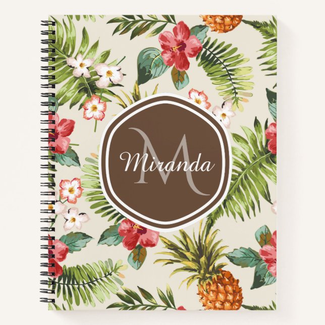 Carnet Ananas tropicale exotique Floral Monogramme Brown (Devant)