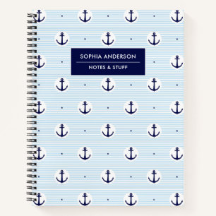 Carnet Ancre bleue moderne et rayures avec nom personnali