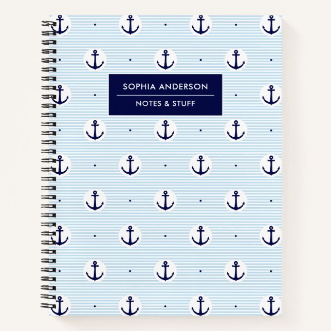 Carnet Ancre bleue moderne et rayures avec nom personnali (Devant)