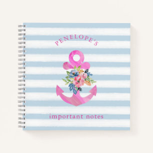 Carnet Ancre florale rose Bleu tendance