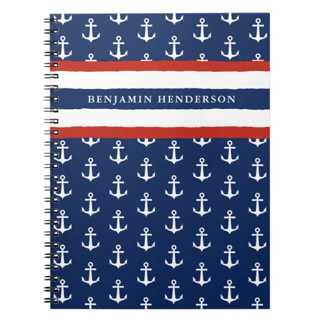 Carnet Ancre marine Bleu blanc Rouge Nom personnalisé (Devant)