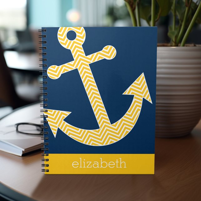 Carnet Ancre nautique avec Motif de Navy Jaune Chevron (Personalized notebook - add name and custom text)