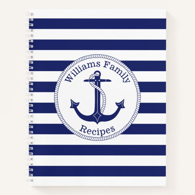 Carnet Ancre nautique Blue Stripe Famille Monogramme Rece (Devant)