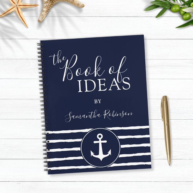 Carnet Ancre nautique Personnalisé Blanc bleu marine (Personalized  Navy Blue Nautical Notebook with Anchor and Stripes)