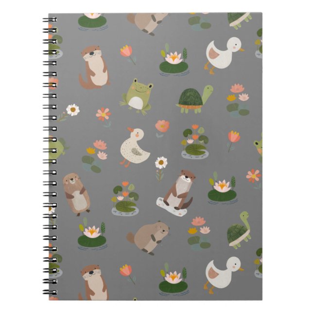 Carnet Animaux d'étang et nénuphars sur gris (Devant)
