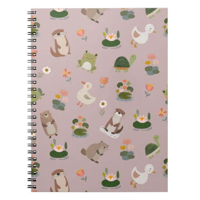 Carnet Animaux d'étang et nénuphars sur gris clair-rose (Devant)