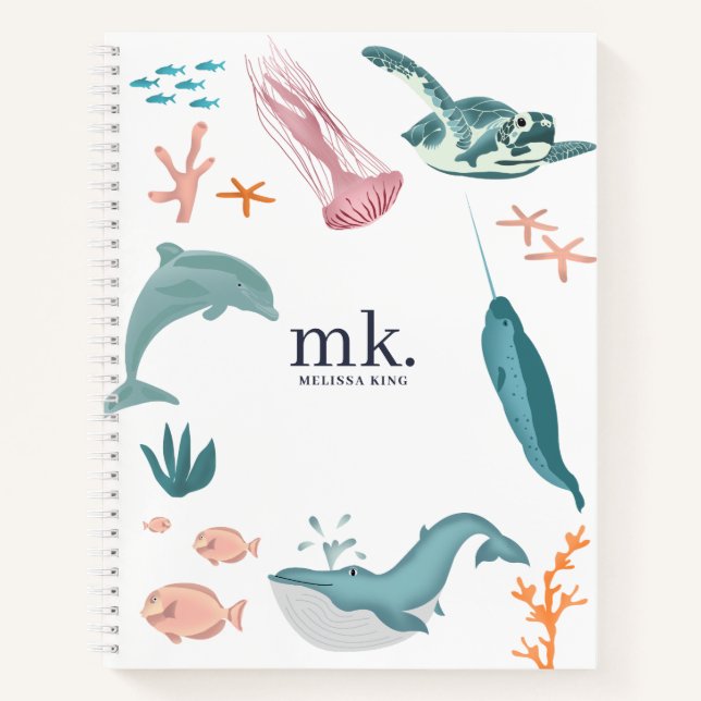 Carnet Animaux marins de l'océan à l'aquarelle Monogramme (Devant)
