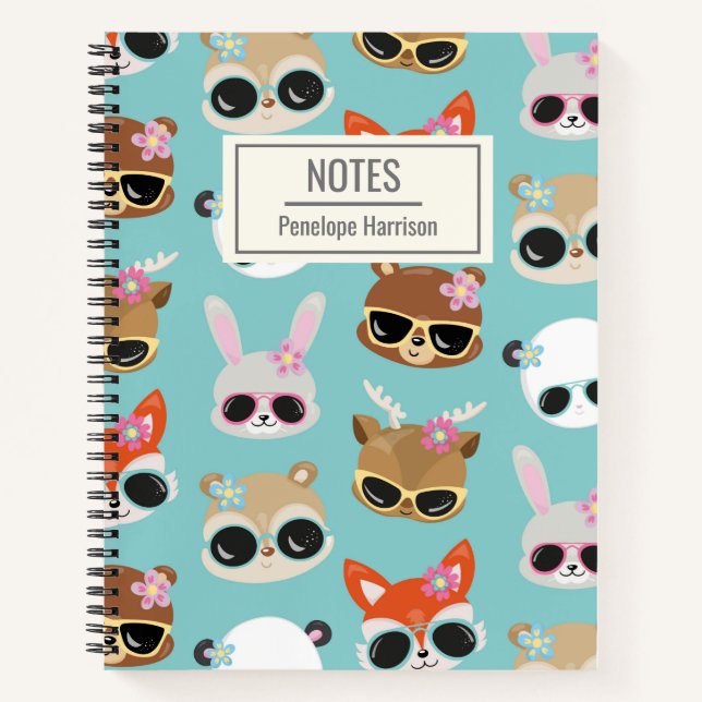 Carnet Animaux Mignons Kawaii Lunettes de Soleil Bleu Per (Devant)