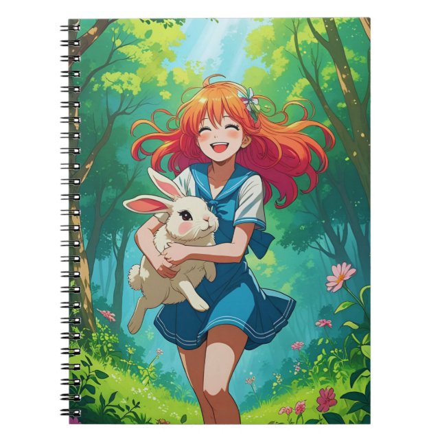 Carnet Anime fille aux cheveux gingembre avec son lapin (Devant)
