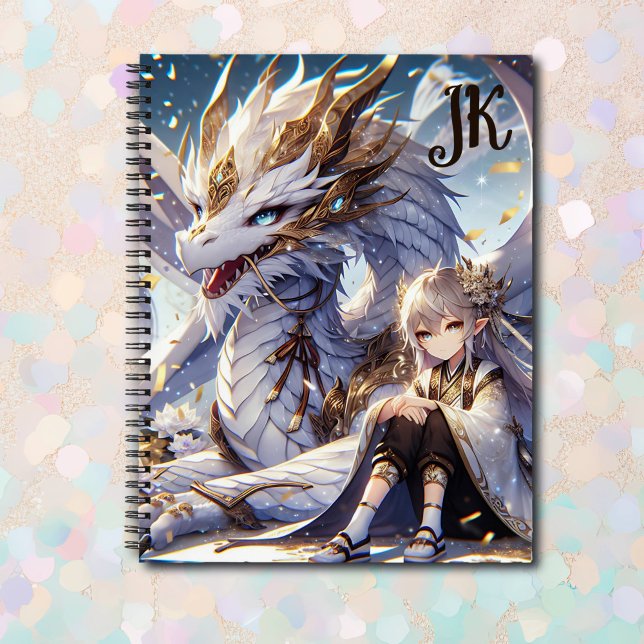 Carnet Anime Girl and White and Gold Dragon Monogrammé (Créateur téléchargé)