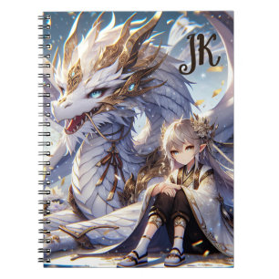Carnet Anime Girl and White and Gold Dragon Monogrammé