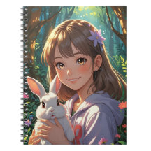 Anime Girl avec ruban de fleurs et son lapin