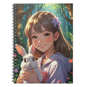 Carnet Anime Girl avec ruban de fleurs et son lapin