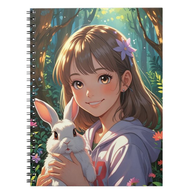 Carnet Anime Girl avec ruban de fleurs et son lapin (Devant)