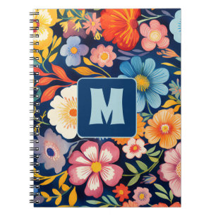Carnet Années 70 60 Rétro Floral Monogramme Bleu et Orang