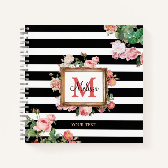 Carnet Antique Vintage Floral & Stripes Monogramme (Devant)