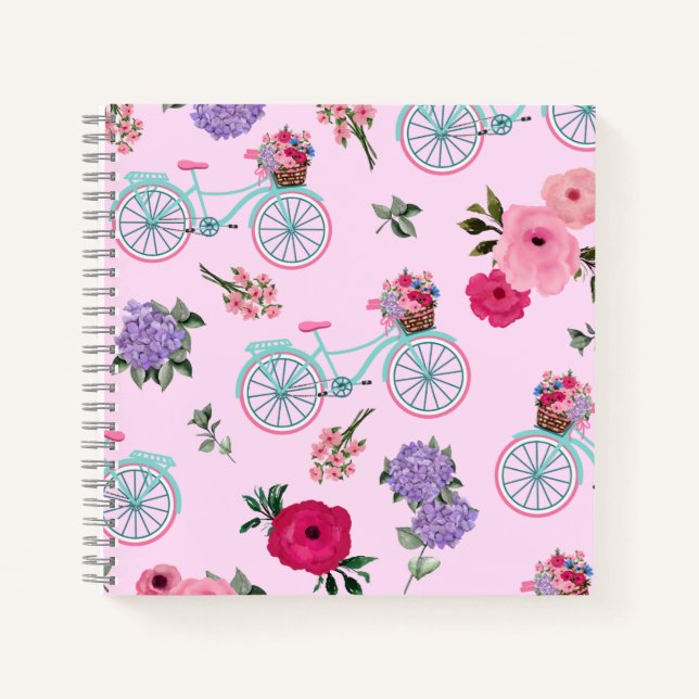 Carnet Aqua à l'ancienne et Vélo rose aux fleurs (Devant)