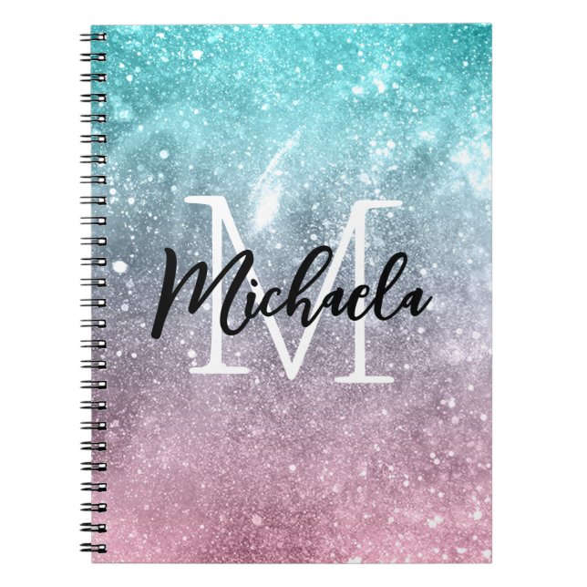 Carnet Aqua blue Pink ombre mer galaxie abstraite Monogra (Devant)