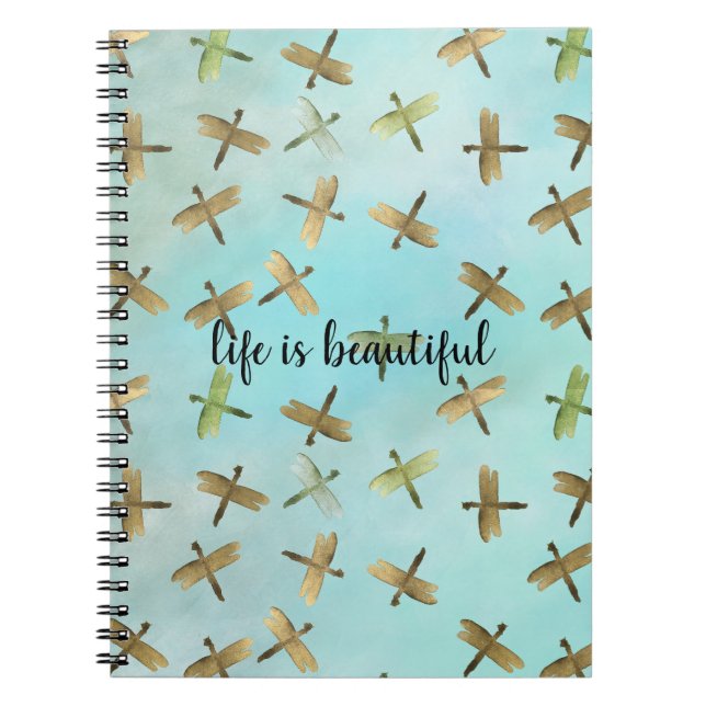 Carnet Aqua Mint Gold Dragonflies Aquarelle personnalisée (Devant)