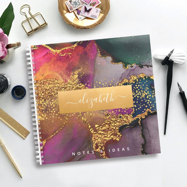Carnet Aquarelle à agate chic or violet & bleu carré (Créateur téléchargé)